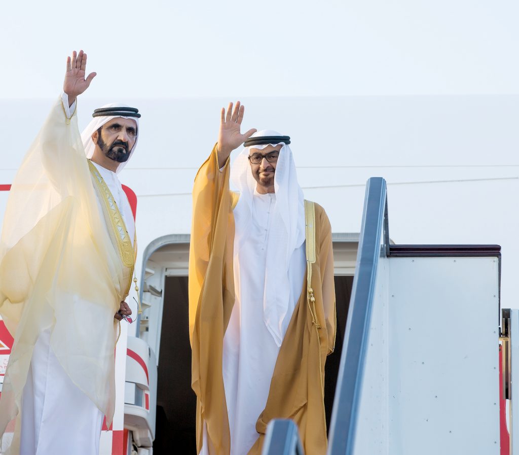 DOHA, QATAR - October 25, 2016: HH Sheikh Mohamed bin Rashid Al Maktoum, Vice-President, Prime Minister of the UAE, Ruler of Dubai and Minister of Defence (L) and HH Sheikh Mohamed bin Zayed Al Nahyan Crown Prince of Abu Dhabi Deputy Supreme Commander of the UAE Armed Forces (R) bid farewell to guests concluding an official visit to Qatar. ( Mohamed Al Hammadi / Crown Prince Court - Abu Dhabi ) ---