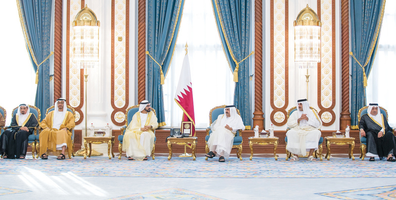 DOHA, QATAR - October 25, 2016: HH Sheikh Mohamed bin Rashid Al Maktoum, Vice-President, Prime Minister of the UAE, Ruler of Dubai and Minister of Defence (3rd L) offers condolences to HH Sheikh Hamad bin Khalifa Al Thani (4th L) on the passing of his father HH Sheikh Khalifa bin Hamad Al Thani. Seen with HH Sheikh Mohamed bin Zayed Al Nahyan, Crown Prince of Abu Dhabi and Deputy Supreme Commander of the UAE Armed Forces (2nd L), HH Sheikh Humaid bin Rashid Al Nuaimi, UAE Supreme Council Member and Ruler of Ajman (L), and HH Sheikh Tamim bin Hamad Al Thani Emir of Qatar (2nd R). ( Mohamed Al Hammadi / Crown Prince Court - Abu Dhabi ) ---